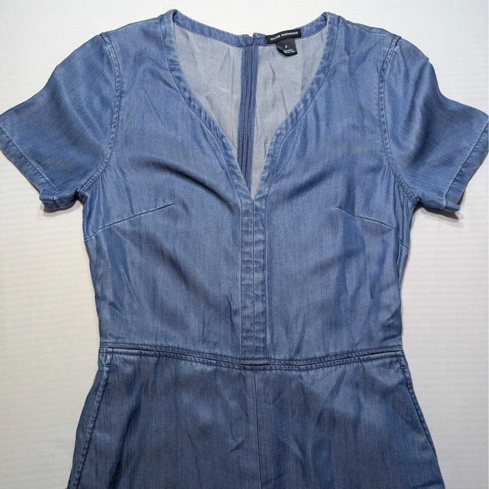 Club Monaco 4 Blue Chambray Lyocell Wide Leg Cropped Jumpsuit Short Sleeve - Picture 5 of 13